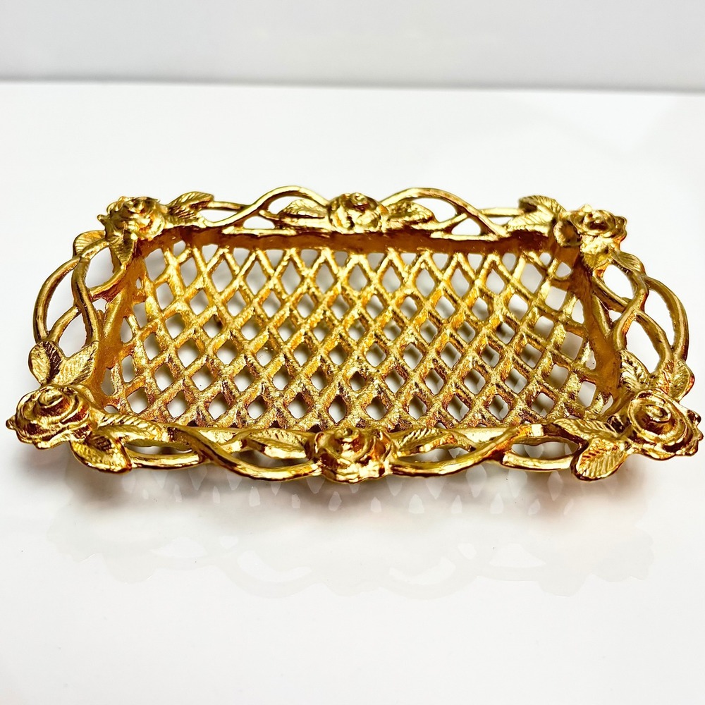 Vintage Style Gold Rose Lattice Trinket Dish Floral Metal Jewelry Vanity Tray
